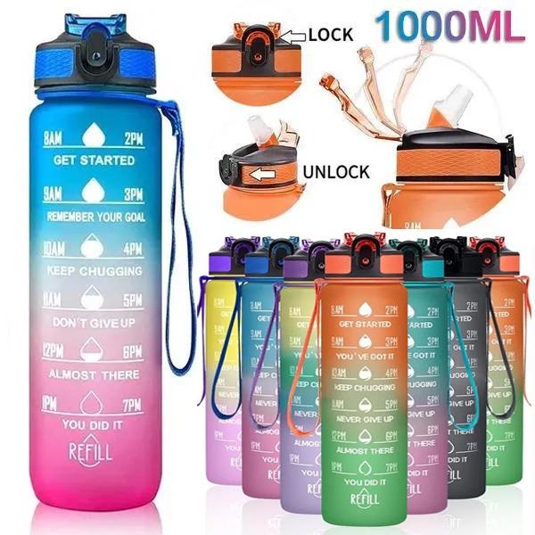 Smart Water Bottle Tracker - Botol Air Olahraga 1L dengan Sedotan